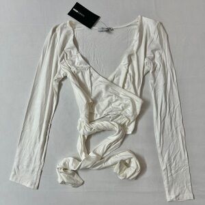 FN Fashion Nova Crossing Paths Wrap Tie Long Sleeve Top White Ivory